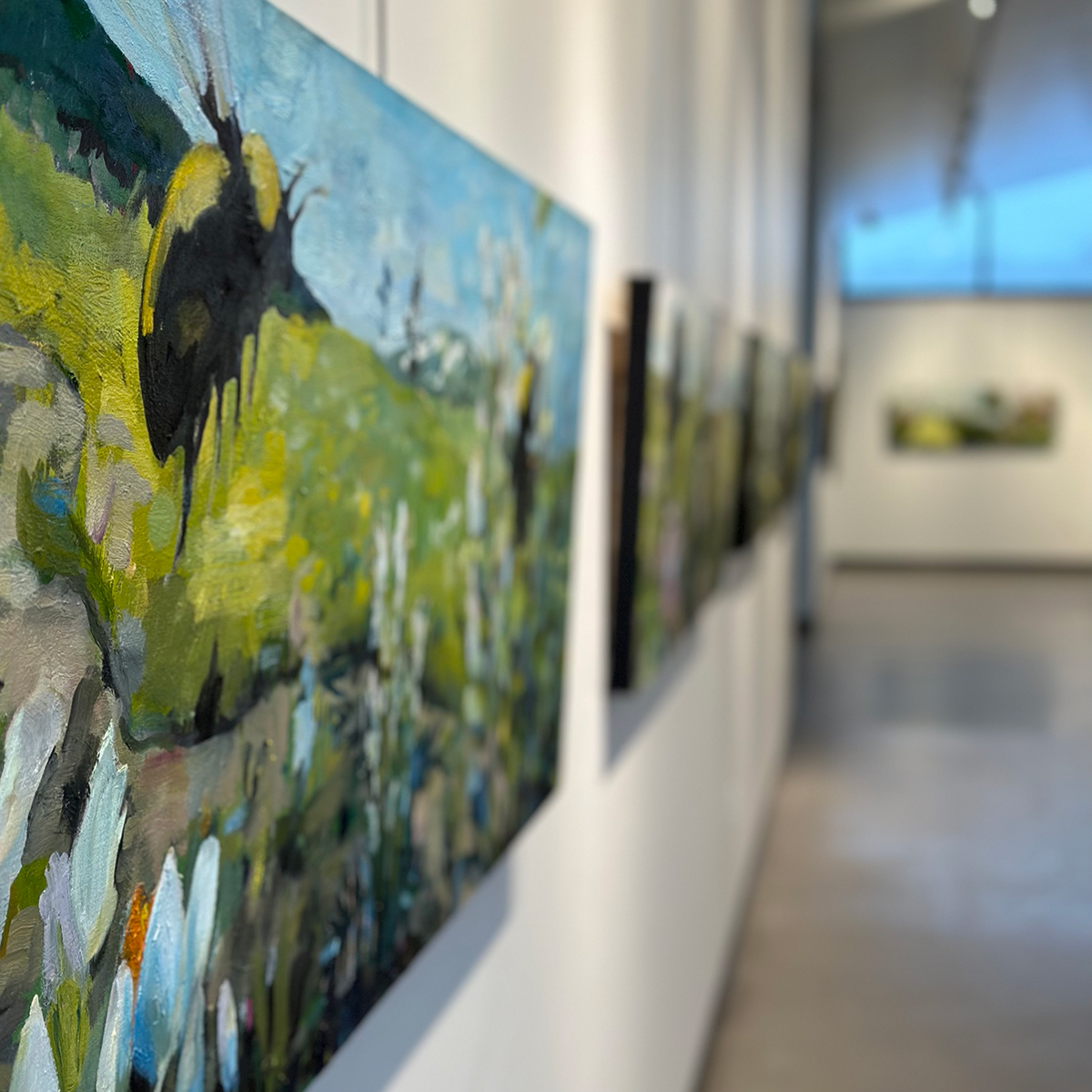 The paintings of Joe Maurer hanging in the Level 3 art gallery