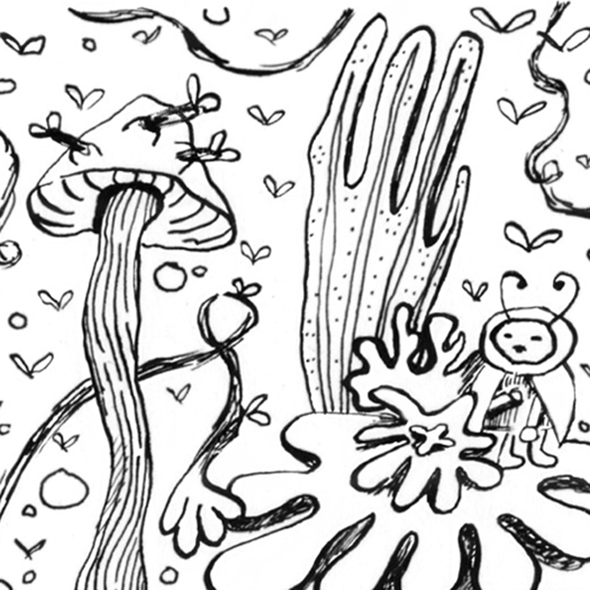 Comic sketch of ladybugs and mushrooms