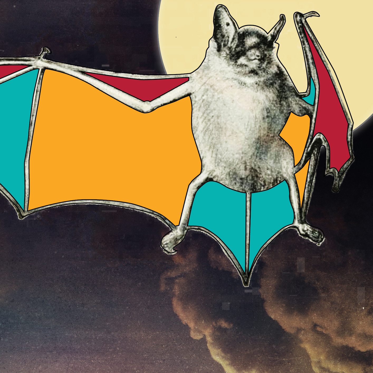 A bat in front of the moon with bright colors applied to its wings.