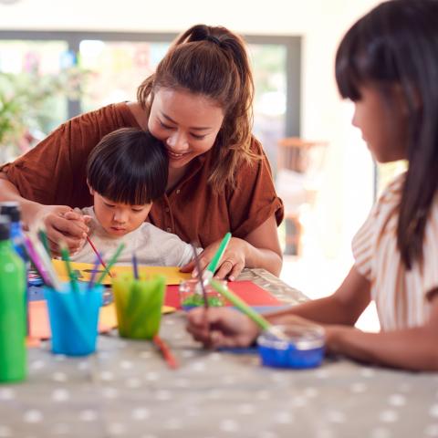 Mom and two children painting