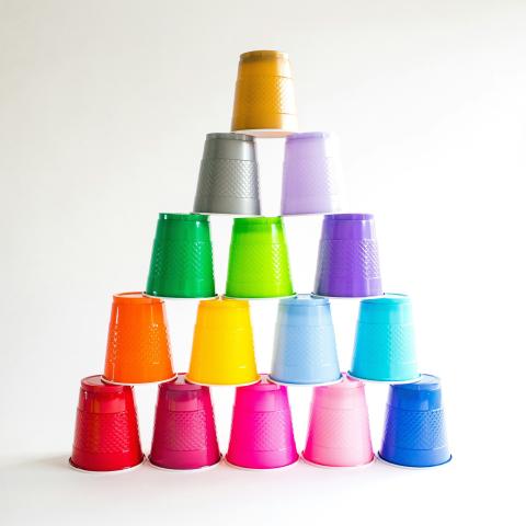 Rainbow cups in a stacked pyramid 