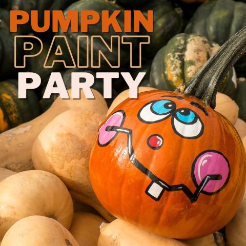 A pumpkin with a painted on goofy face, sitting on top of a pile of acorn and butternut squash. Text reads Pumpkin Painting Party.