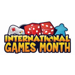 International Games Month logo with game controller, dice, and game piece