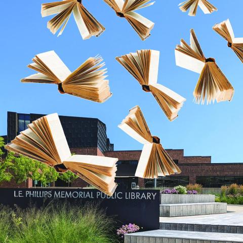 Picture of the library's entrance with books "flying" away using their pages as wings.Picture of the library's entrance with books "flying" away using their pages as wings.