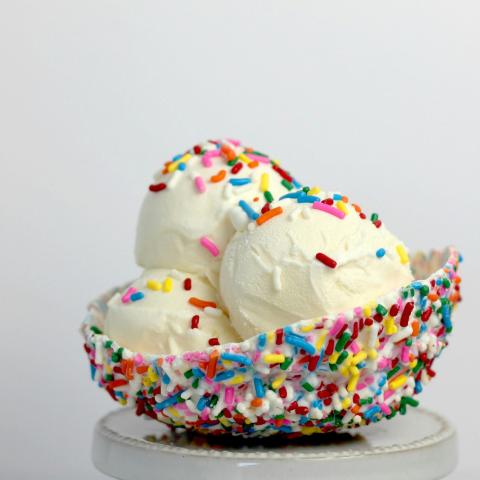 Sprinkle bowl with scoops of vanilla ice cream.