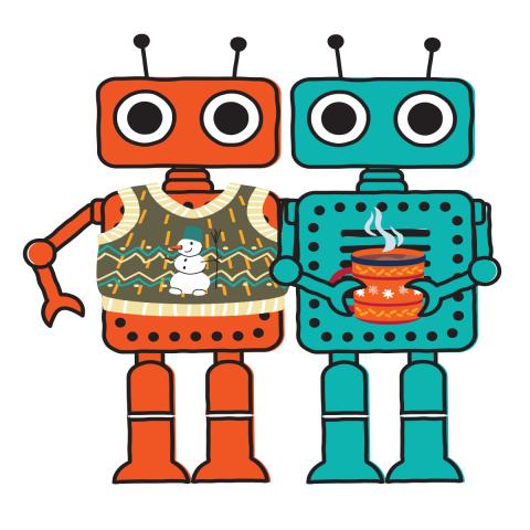 Two cartoon robots arm in arm. One is wearing a sweater vest, and the other is holding a mug of cocoa.
