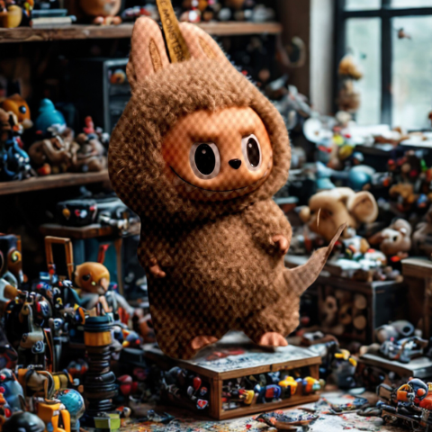 Brown Labubu in a messy studio