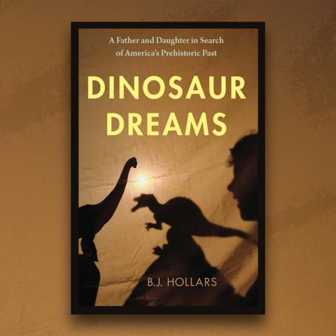 A graphic of the book cover featuring a child playing with toy dinosaurs.