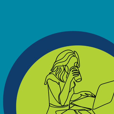 line drawing of a woman drinking coffee and working on her laptop