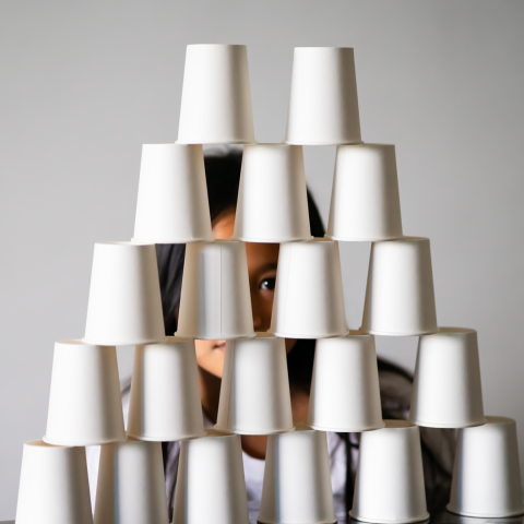 A photograph of cups stacked into a tower.