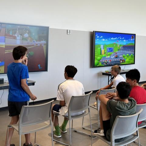 A photograph of teenagers playing video games.