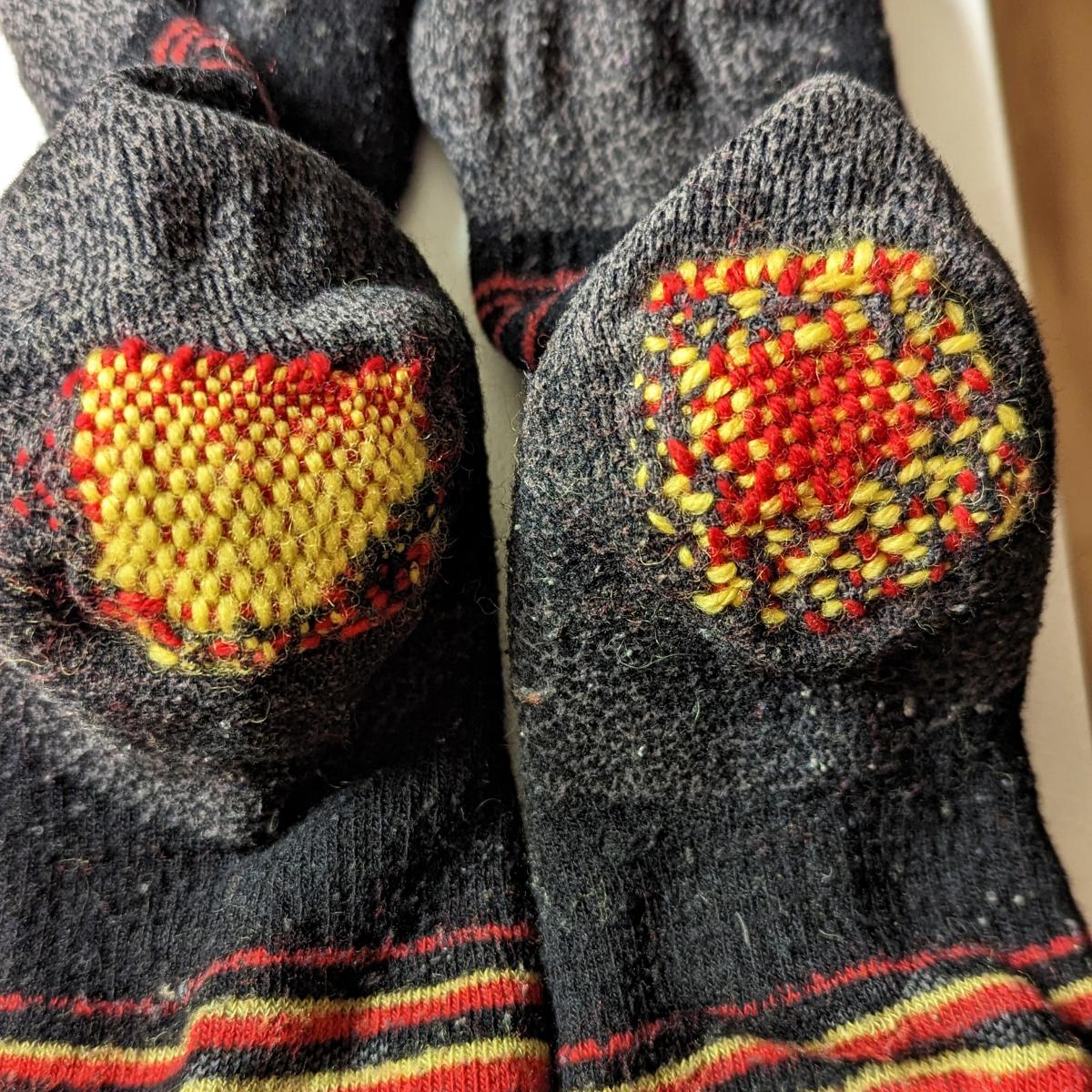 Close-up of socks with darned heels