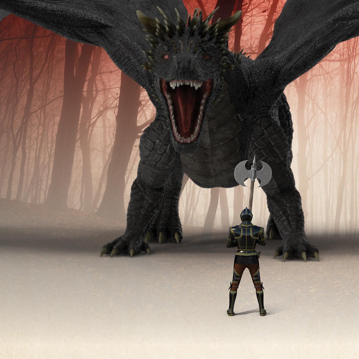 A huge dragon looms over a knight in armor with a battle axe.