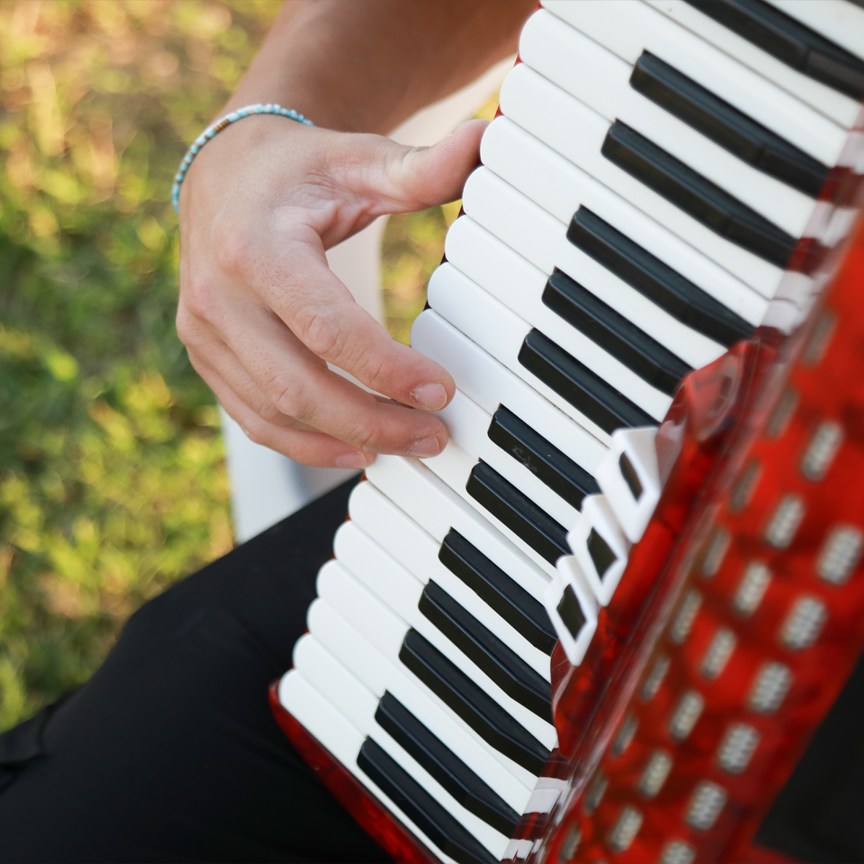 A photograph of a red accordion with a grassy background.