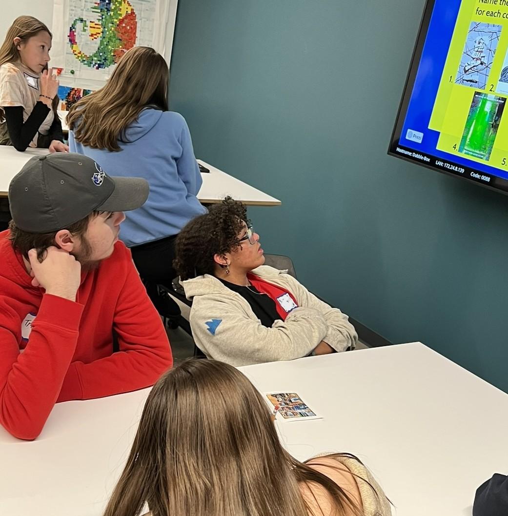 Group of teens puzzling over a question up on a screen. 