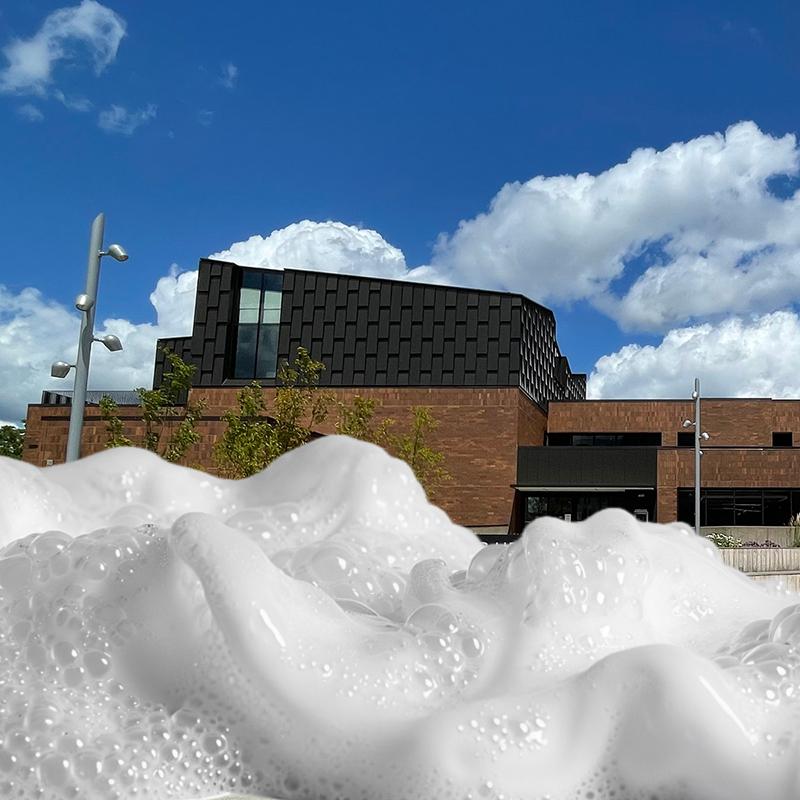 Library exterior covered in foam