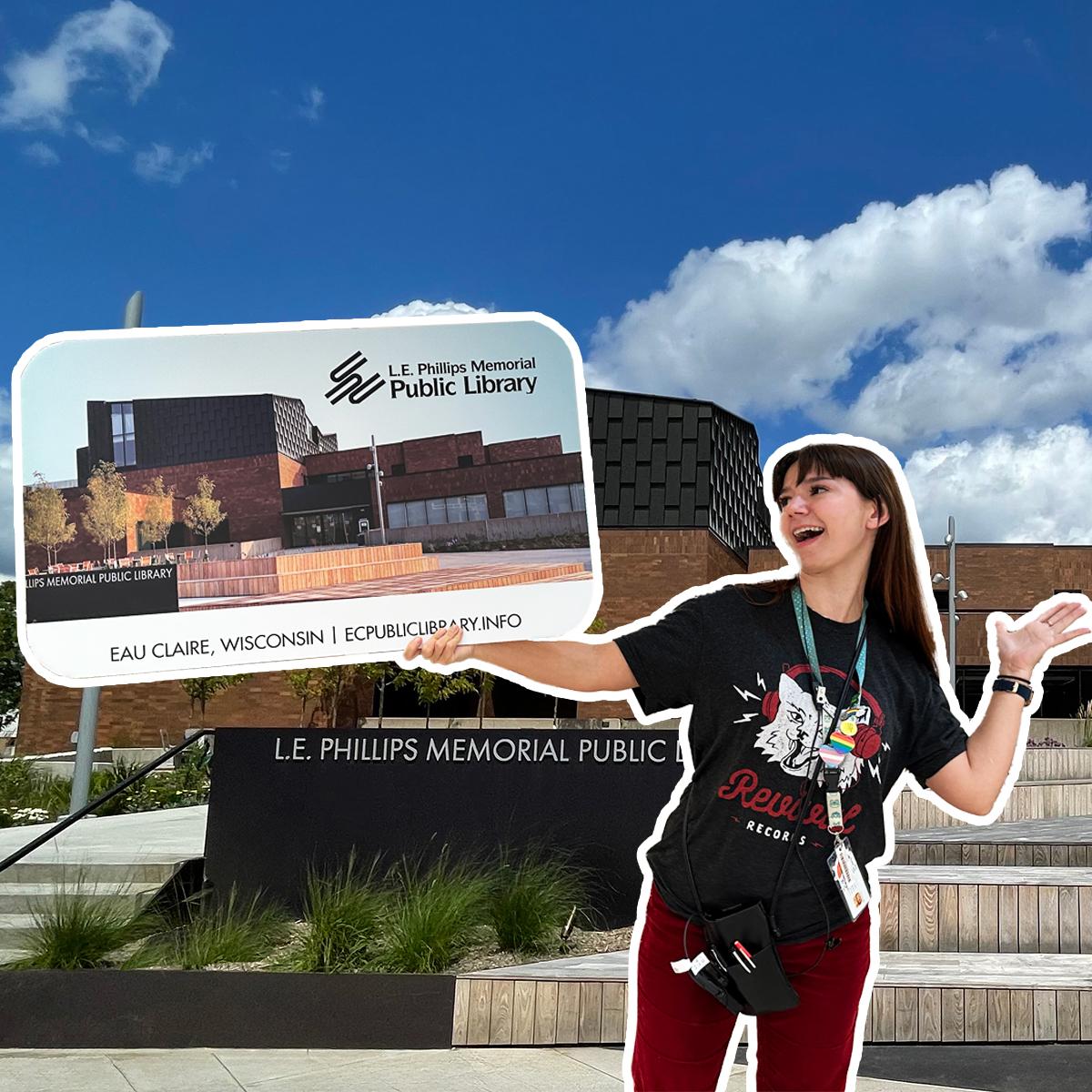 Library exterior with lady holding a giant library card