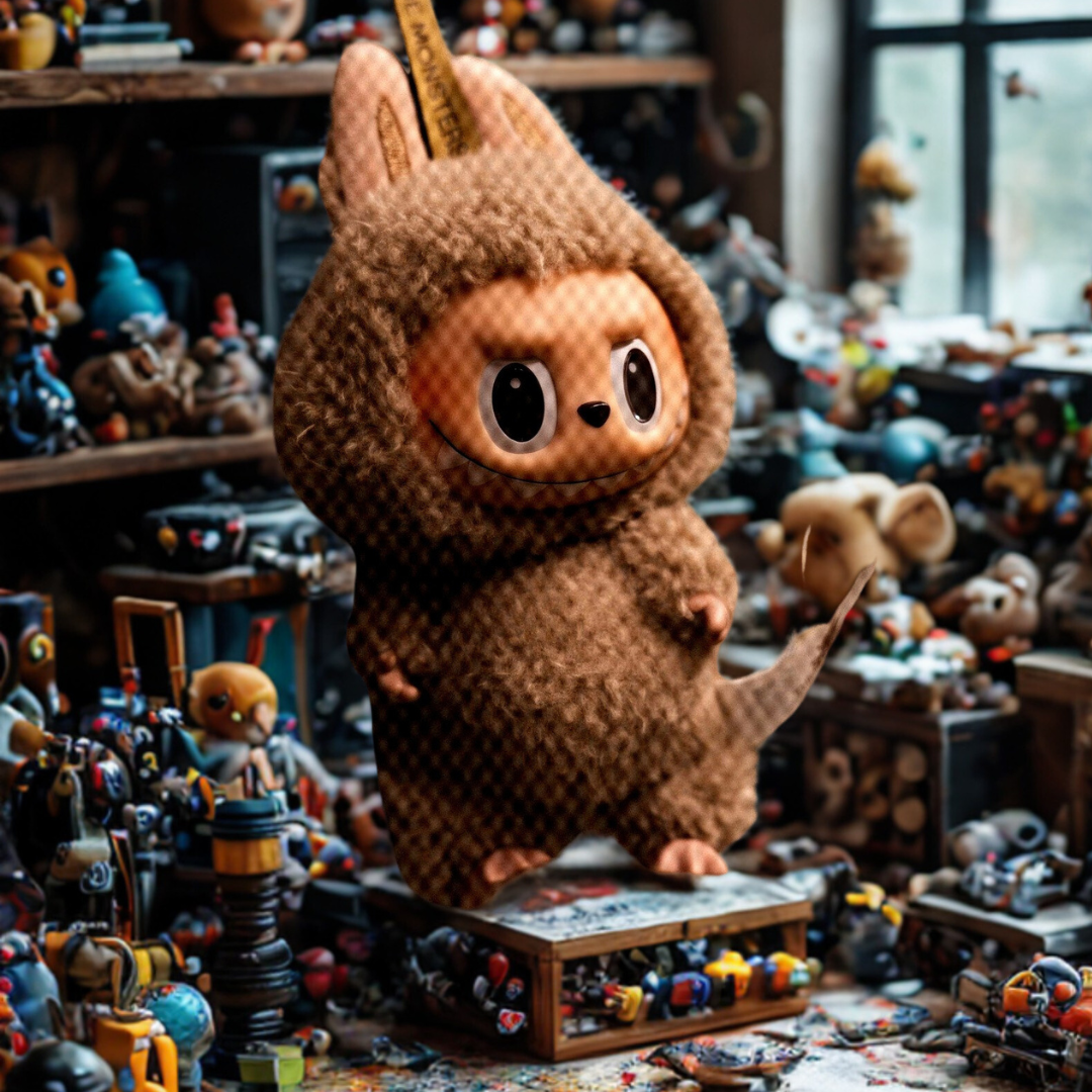 Brown Labubu in a messy studio
