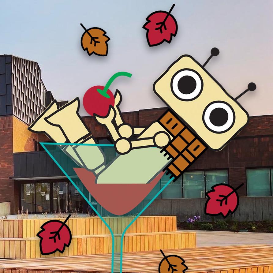 The Dabble Box's robot mascot sitting in a cocktail glass in front of the library.