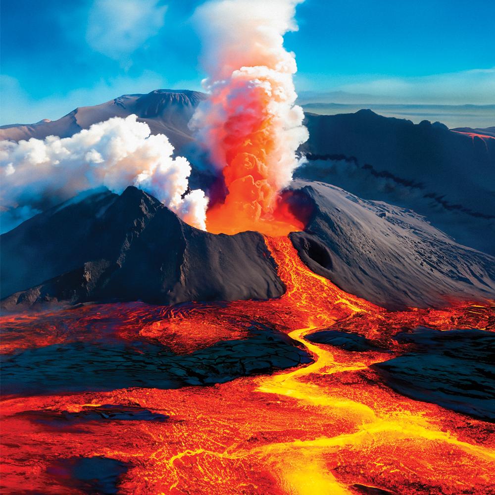 A volcano exploding lava.